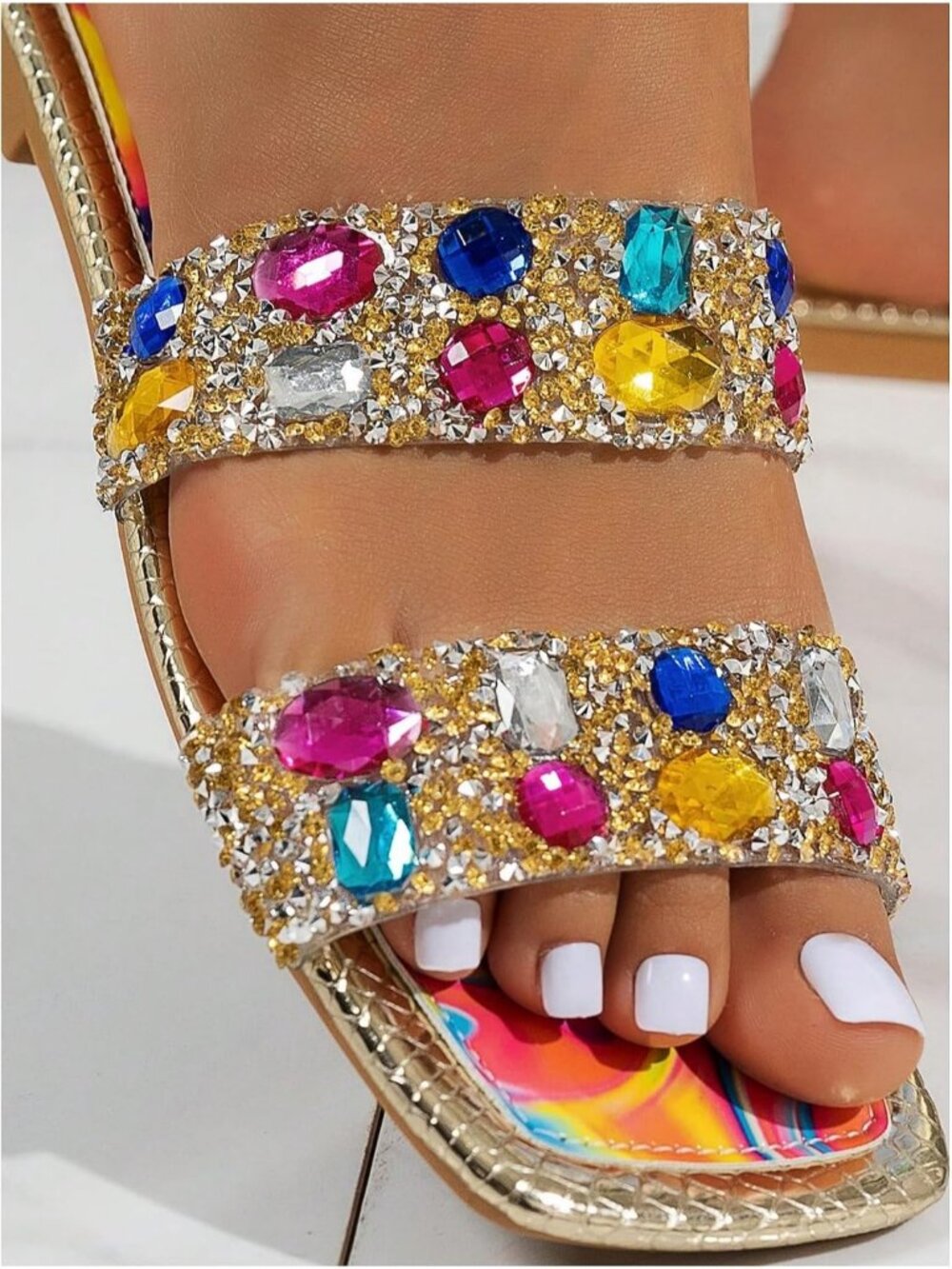 Women's Rainbow Multicolor Summer Sparkly Rhinestone Bling Square Toe Flats - Picture 5 of 5